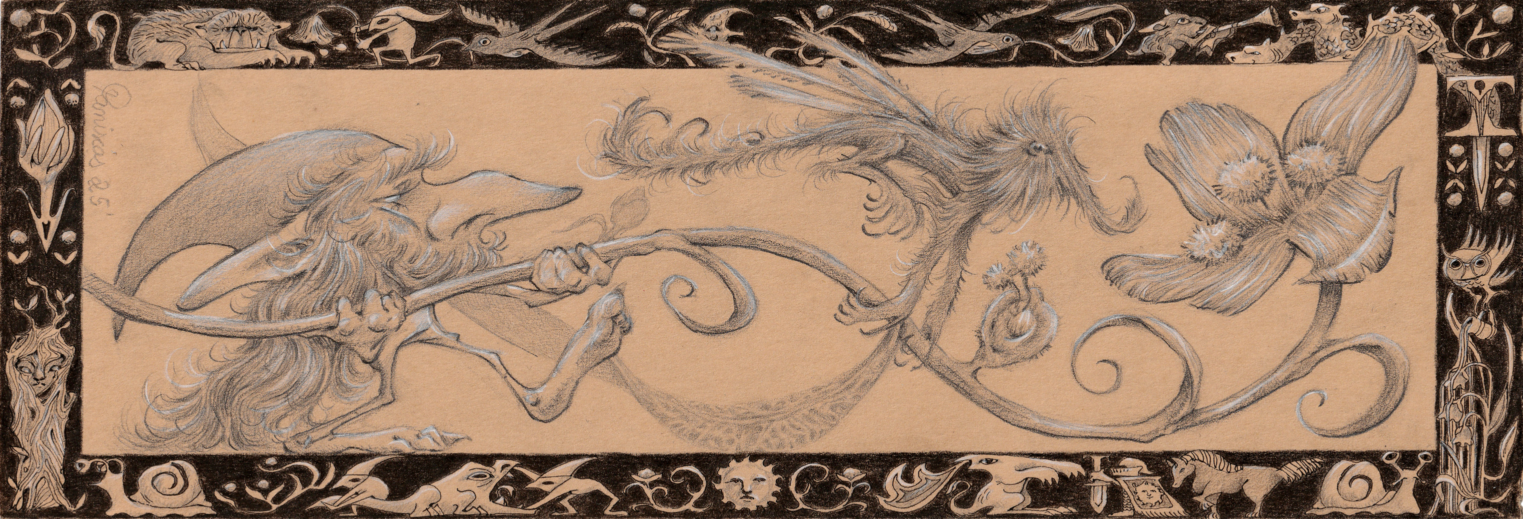 Sun parade of the flowers (2025), graphite, black and white pencil on cardboard, 9 x 23 cm